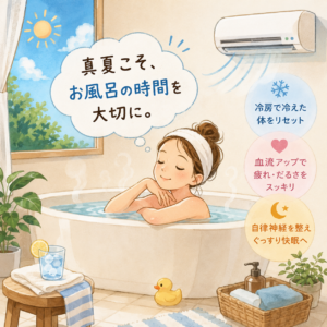 夏でも湯船に浸かる女性 冷房による冷え対策